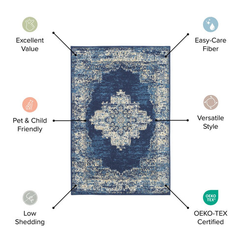 4' X 6' Navy Blue Damask Power Loom Distressed Area Rug